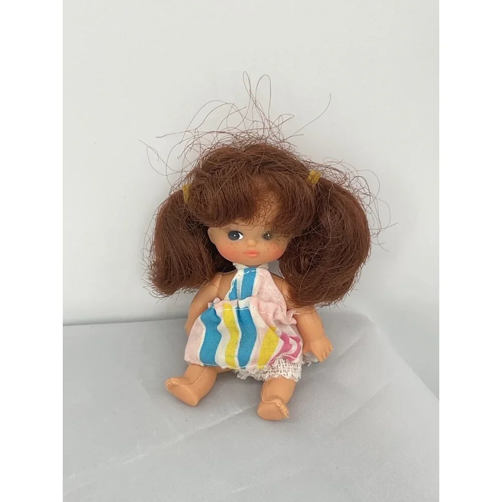 Vintage Playmates Doll With Brown Hair & Striped Dress